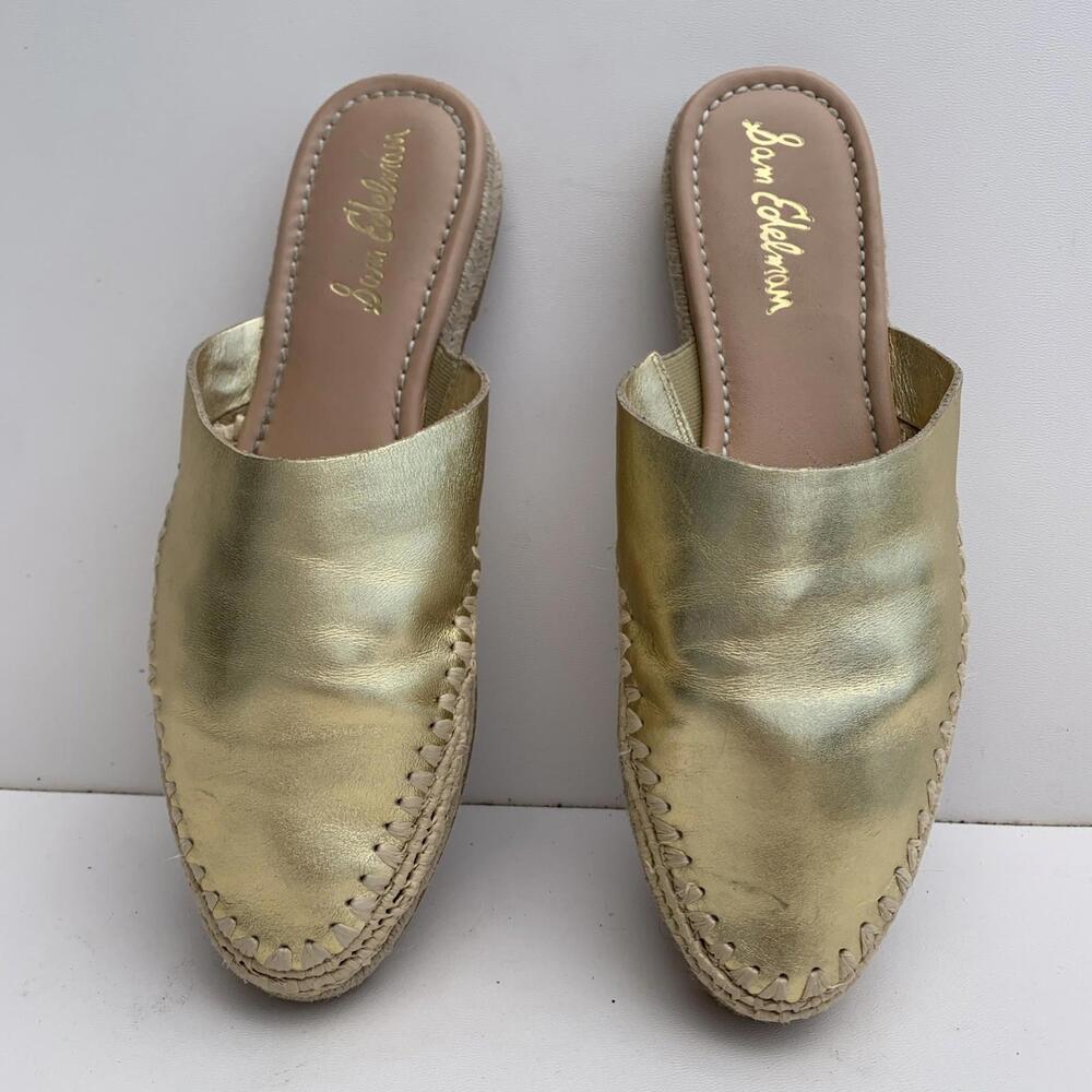 Sam Edelman Espadrilles Flats Slides Gold Genuine Leather Sz 9 Womens
